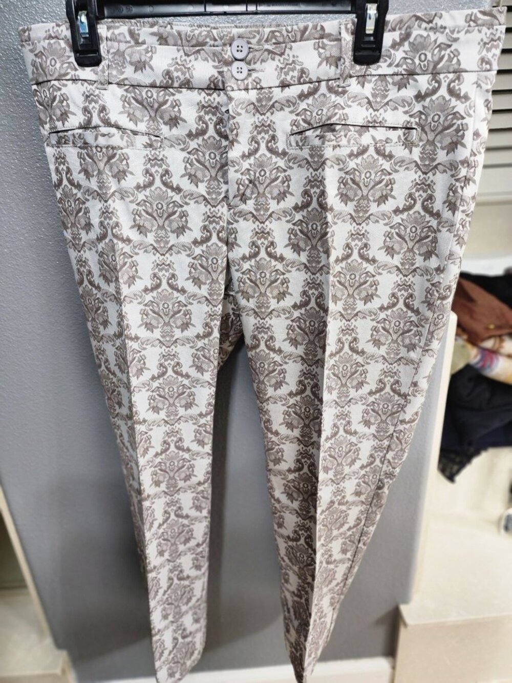 Cartonnier lWomen's Mushroom & Grey Damask Brocade Print Ankle Trousers Slim Fit